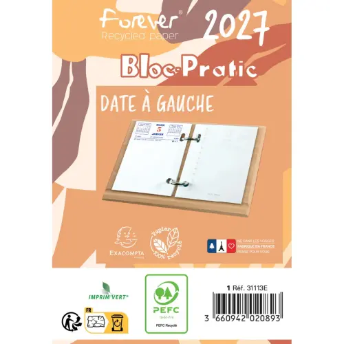 Bloc-éphéméride recyclé date à gauche - 8,2 x 12 cm - Janv/Déc - EXACOMPTA photo du produit