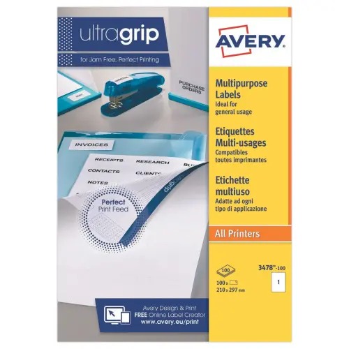 100 Etiquettes blanches multi-usages - 210x297mm - Avery photo du produit