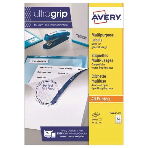 100 Planches de 24 étiquettes blanches multi-usages - 70x37mm - AVERY photo du produit