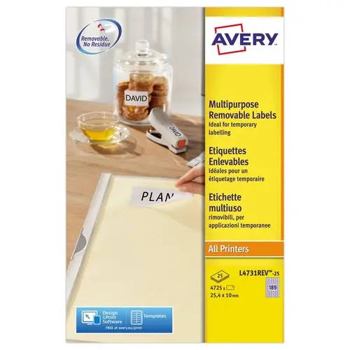 25 Planches de 189 étiquettes blanches enlevables - 25,4x10mm - AVERY photo du produit