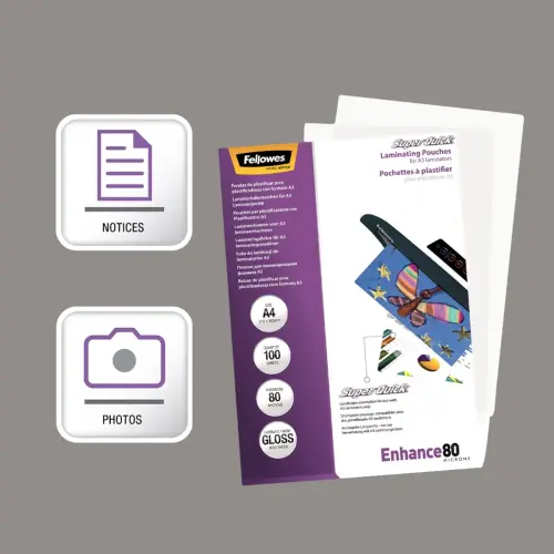 100 Pochettes de plastification SuperQuick brillantes - A4 - 80 microns - Fellowes photo du produit
