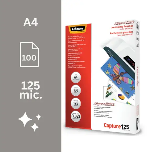 100 Pochettes de plastification SuperQuick brillantes - A4 - 125 microns - Fellowes photo du produit