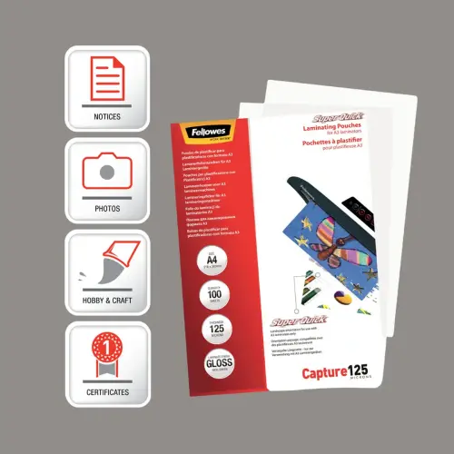 100 Pochettes de plastification SuperQuick brillantes - A4 - 125 microns - Fellowes photo du produit