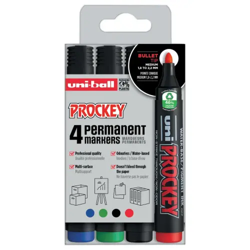 4 Marqueurs permanents - Pointe ogive 2 mm - Coloris assortis - Uni Ball photo du produit