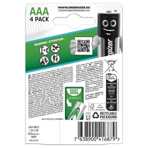 4 Piles rechargeables Power Plus HR3 (AAA) - 1,2 Volts - Energizer photo du produit