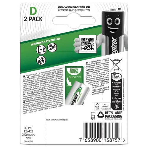 2 Piles rechargeables Power Plus HR20 ( D ) - 1,2 Volts - Energizer photo du produit