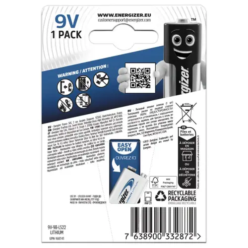 Pile Ultimate Lithium 6LR61 - 9Volts - ENERGIZER photo du produit