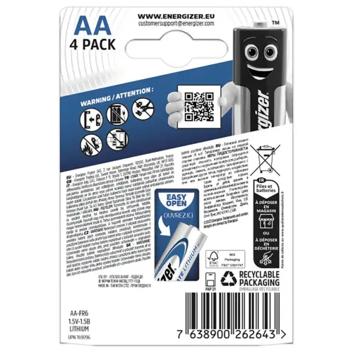 4 Piles Ultimate Lithium LR6 (AA) - 1.5 Volts - ENERGIZER photo du produit