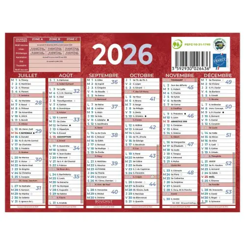 Calendrier de banque 2026 rouge 12 mois - 17,5 x 13,5 cm - BOUCHUT GRANDREMY photo du produit