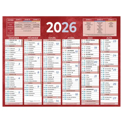 Calendrier de banque 2026 rouge 12 mois - 17,5 x 13,5 cm - BOUCHUT GRANDREMY photo du produit