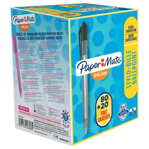 100 Stylos bille r&eacute;tractables Inkjoy 100 RT - Pack &eacute;conomique ( 80+20 gratuits) - Noir - PAPER MATE Inkjoy photo du produit