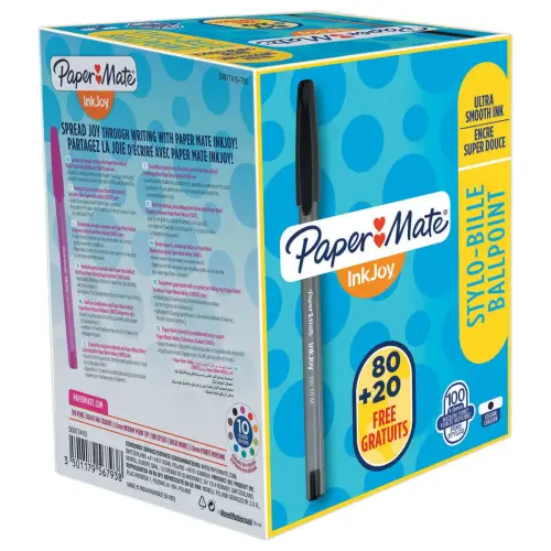 100 Stylos bille Inkjoy 100 CAP PAPER MATE - Pack éco - Noirs photo du produit