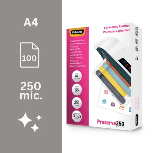 100 Pochettes de plastification brillantes A4 - 250 µ - Fellowes photo du produit