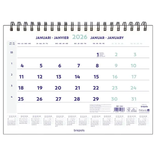 Calendrier mural wire - 46 x 31 cm - Janvier à décembre - BREPOLS photo du produit