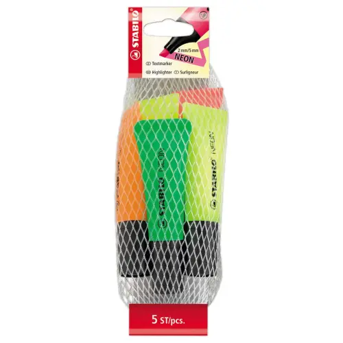 5 Surligneurs NEON - Pointe biseautée - Coloris assortis - STABILO photo du produit
