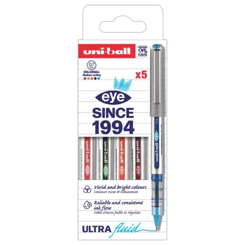 5 Stylos rollers Eye 157 - Pointe moyenne - Coloris assortis - UNI BALL photo du produit