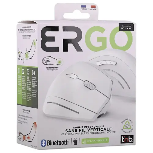 Souris ERGO sans fil - Verticale - Rechargeable - Blanc - T'NB photo du produit