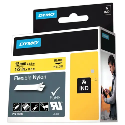 Ruban RHINO DYMO 18490 - 3,5 m x 12 mm - Texte noir sur fond jaune photo du produit
