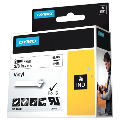 Ruban Vinyle RHINO IND DYMO 18443 - 5,5 m x 9 mm - Texte noir sur fond blanc photo du produit