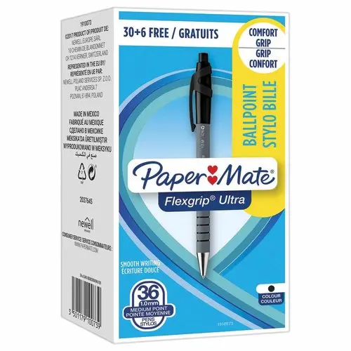 36 (30+6 Offerts) Stylos bille rétractables Flexgrip - Écriture moyenne - Noir - Papermate photo du produit