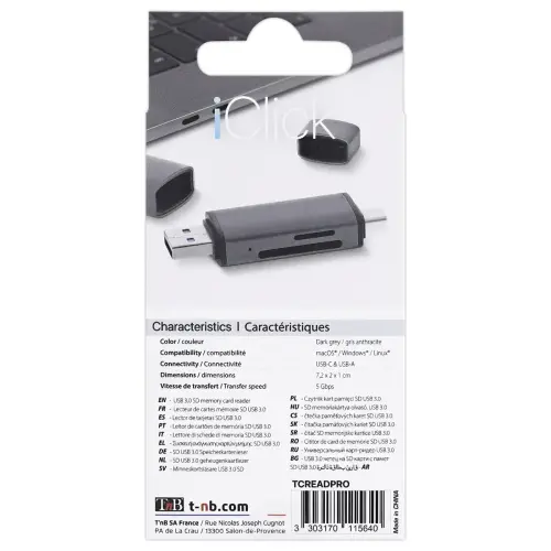 Lecteur Cartes 3 ports USB 3.0 - Aluminium - T'NB photo du produit