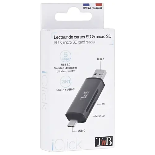 Lecteur Cartes 3 ports USB 3.0 - Aluminium - T'NB photo du produit
