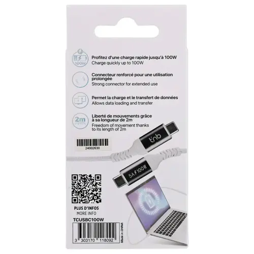 C&acirc;ble 100W 2m USB-C/USB-C - Tress&eacute; - Blanc - T'NB photo du produit