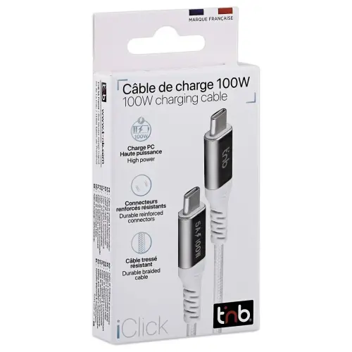 C&acirc;ble 100W 2m USB-C/USB-C - Tress&eacute; - Blanc - T'NB photo du produit