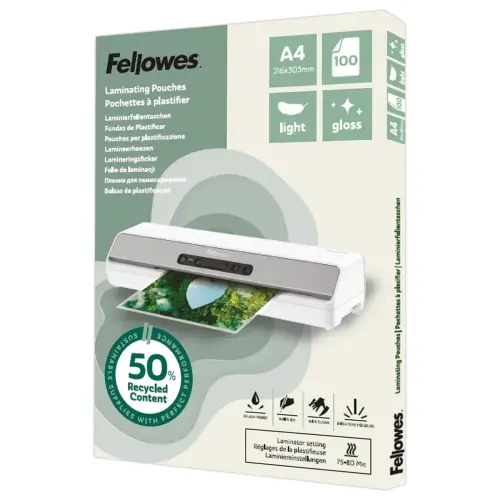 100 Pochettes de plastification brillantes - A4 - Recycl&eacute;es - Fellowes photo du produit