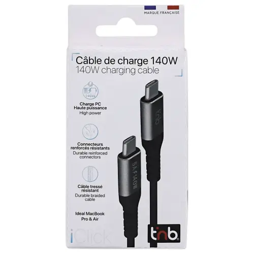 C&acirc;ble USB-C iClick 140W - 2m - Noir - T'NB photo du produit