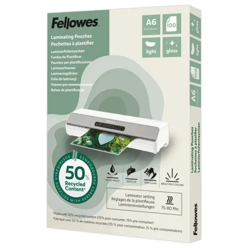100 Pochettes de plastification brillantes - A6 - Recycl&eacute;es - Fellowes photo du produit