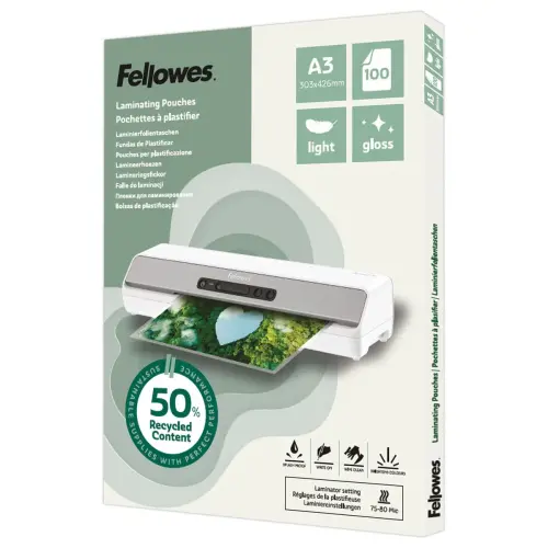 100 Pochettes de plastification brillantes - A3 - Recycl&eacute;es - Fellowes photo du produit