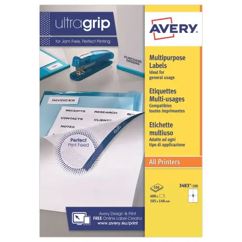 100 Planches d'étiquettes multiusages Avery 105x148 mm soit 400 étiq/boîte photo du produit