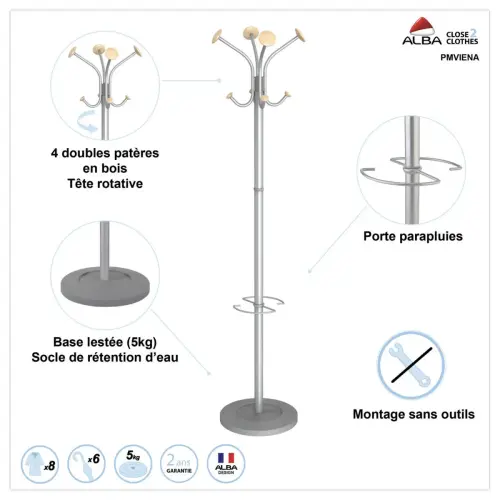 Portemanteau Vienna 4 doubles pat&egrave;res-Alu et bois photo du produit