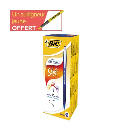 12 Stylos bille Atlantis Soft - Bleu + 1 surligneur jaune offert - BIC photo du produit