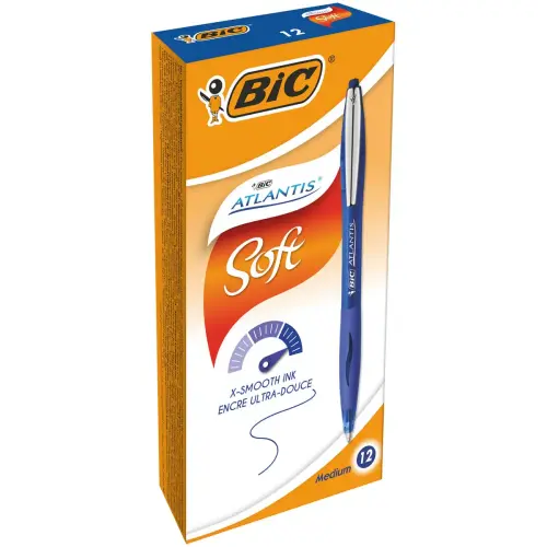 12 Stylos bille Atlantis Soft - Bleu + 1 surligneur jaune offert - BIC photo du produit