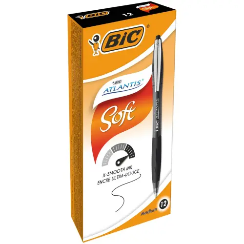 12 Stylos bille Atlantis Soft - Noir + 1 surligneur jaune offert - BIC photo du produit