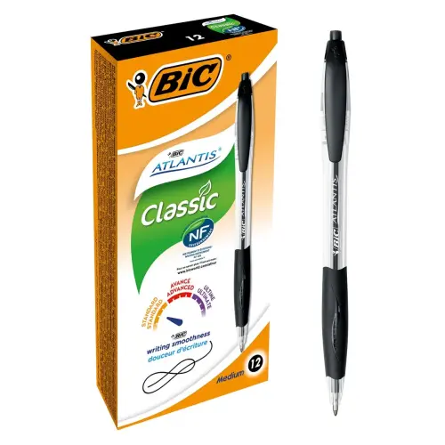 12 Stylos bille Atlantis Soft - Noir + 1 surligneur jaune offert - BIC photo du produit