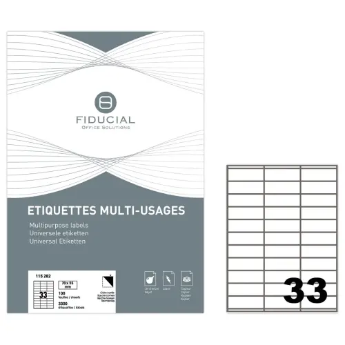 100 Planches de 33 &eacute;tiquettes &agrave; coins carr&eacute;s - 70 x 25 mm - Fiducial photo du produit