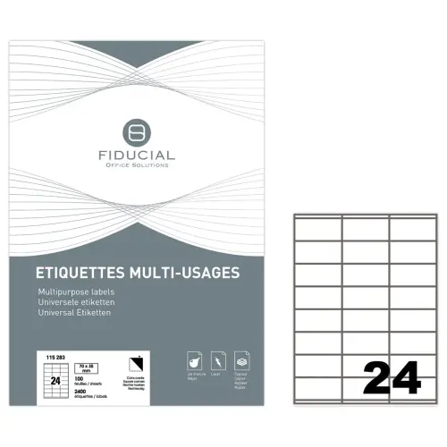 100 Planches d'&eacute;tiquettes Fiducial coins carr&eacute;s 70x35 mm 2400 &eacute;tiq/bo&icirc;te photo du produit