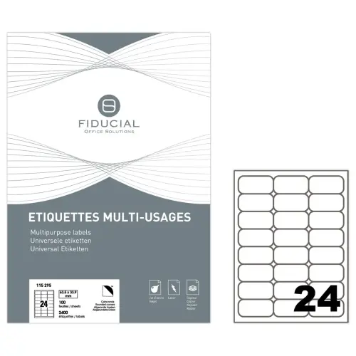 100 Planches de 24 &eacute;tiquettes &agrave; coins ronds - 63,5 x 33,9 mm  - Fiducial photo du produit