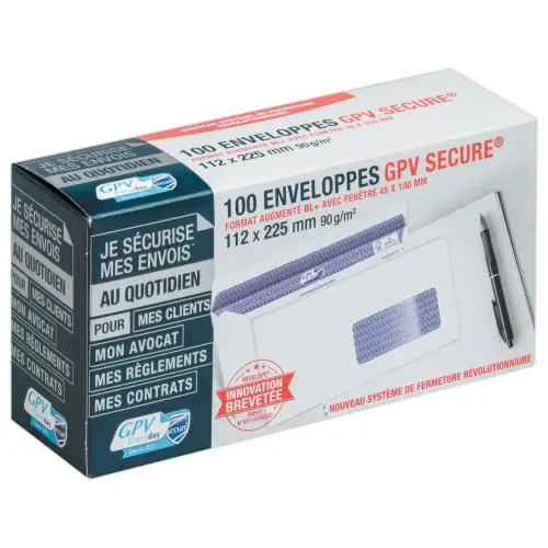 100 Enveloppes Secure blanches - 112x225 mm - Fen&ecirc;tre 45X100 mm - 90g - GPV photo du produit