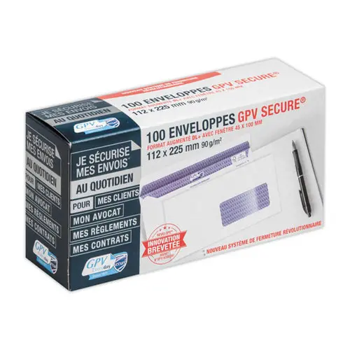 100 Enveloppes Secure blanches - 112x225 mm - Fen&ecirc;tre 45X100 mm - 90g - GPV photo du produit