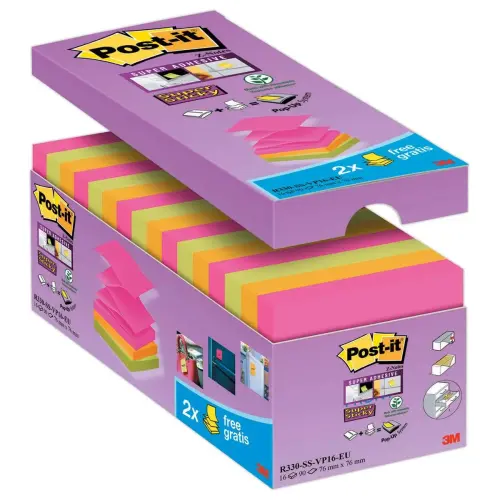 16 Blocs-notes repositionnables Z-Notes Super Sticky 7,6 x 7,6 cm assortis - 12 + 4 gratuits - POST-IT photo du produit