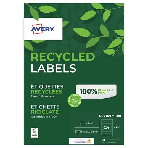 100 Planches d'&eacute;tiquettes laser Avery 63,5x33,9 mm soit 2400 &eacute;tiq/bo&icirc;te photo du produit