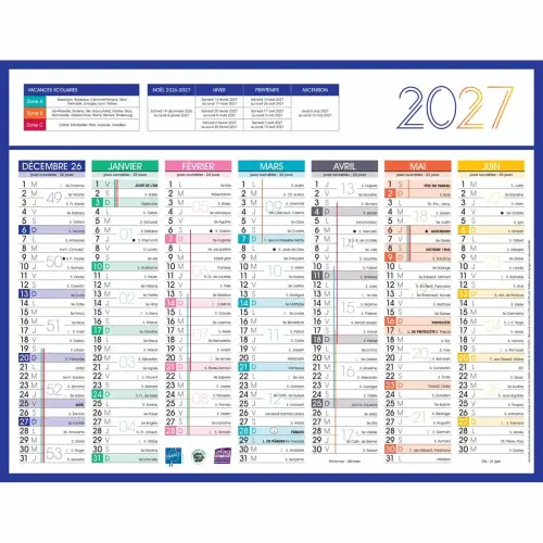 Calendrier 2027 banque Couleurs 14 mois - 27x21cm - Janvier &agrave; d&eacute;cembre photo du produit