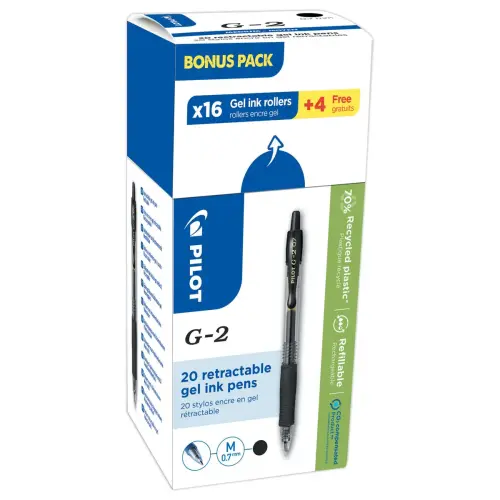 20 (16+4 Offerts) Stylos bille gel rétractable Pilot G2 - noir photo du produit