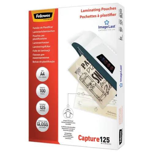 100 Pochettes de plastification &agrave; chaud brillantes - A4 - 2x125&micro; - Fellowes photo du produit