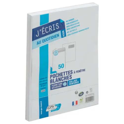 50 Pochettes blanches bande siliconée 229x324 mm avec fenêtre 50x100 90g photo du produit