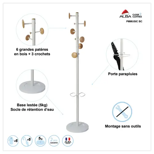 Portemanteau 6 patères bois MUSIC photo du produit